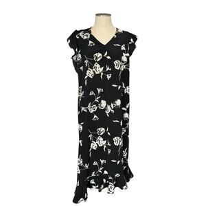 Vintage Black Floral Midi Dress Asymmetrical Hem Cap Sleeve 1X